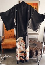 Vintage Japanese Silk Tomesode Kimono Black White Crane Waves Showa Era
