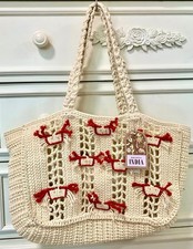 Handcrafted Crochet Tote Bag Cream Red Crab Coastal Beach Bag Drawstring Lining
