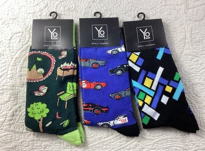 Yo Sox Mens Fun Socks 3-Pack*Size 7-12  Picnic Race Cars & Geometric Designs*NWT
