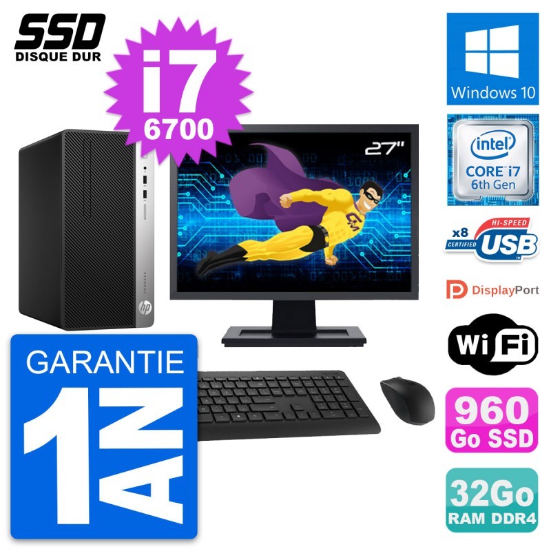 PC Tour HP 400 G4 MT Ecran 27" Intel i7-6700 RAM 32Go SSD 960Go Windows 10 Wifi