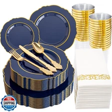 KIRE 210Pcs Navy Blue Plastic Plates - Blue Plates Disposable - 30guest Baroq