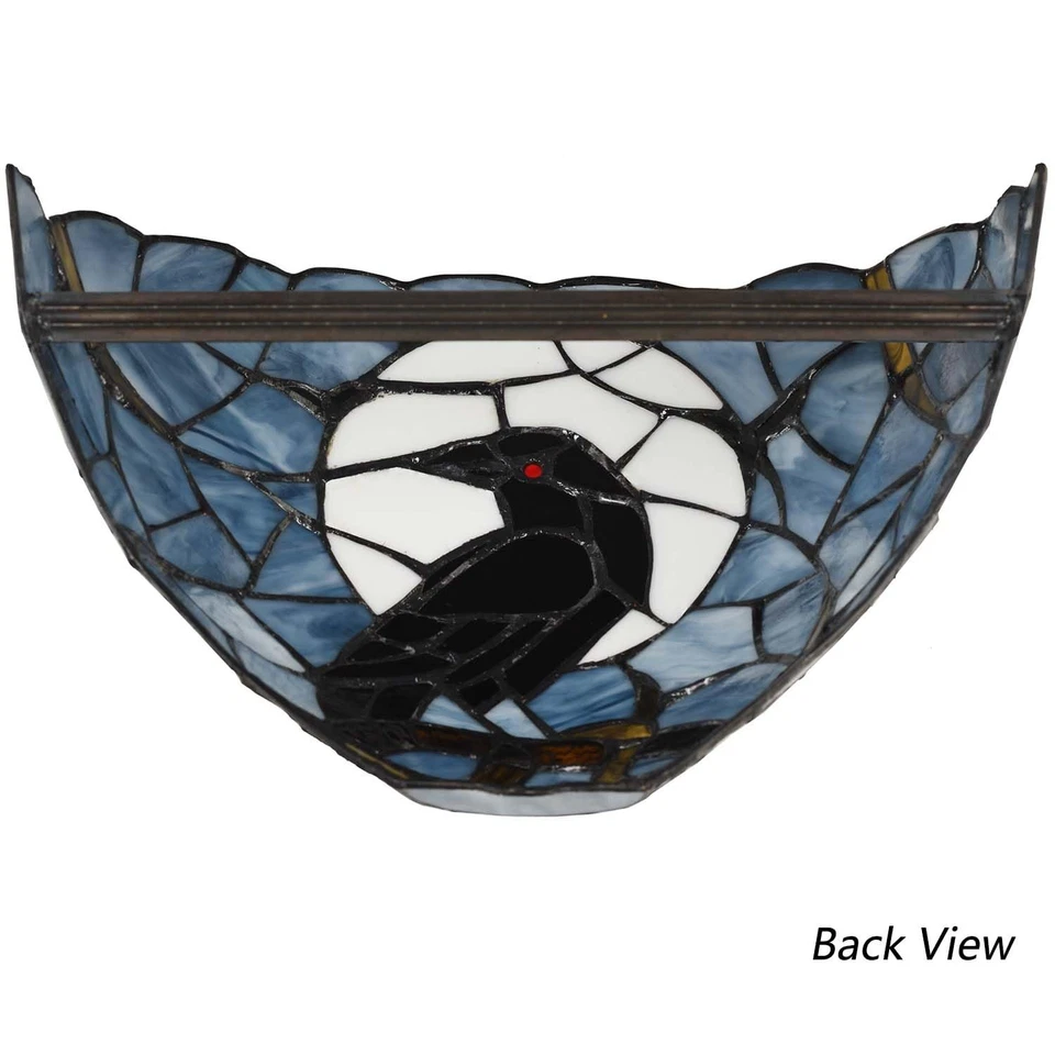 L10958 Cuervo Sentado en Rama de Árbol Contra Luna Llena Estilo Tiffany Manchado G... Foto 3 de 4