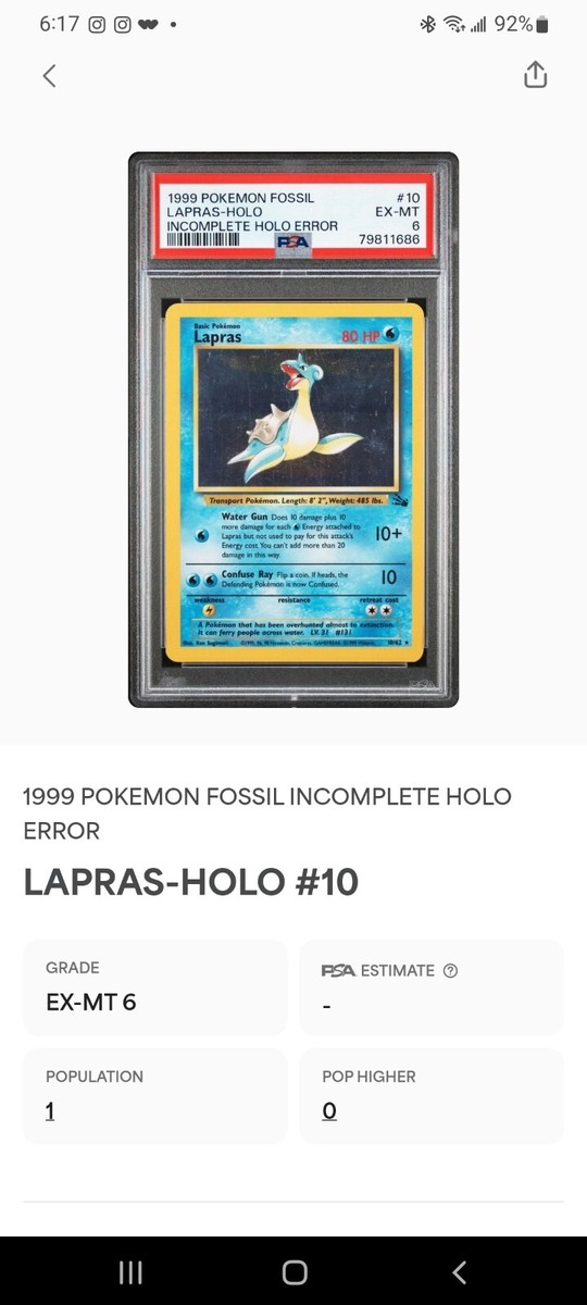 POP 1 POKEMON FOSSIL LAPRAS HOLO PSA HOLO ERROR CURRENTLY 1 OF 1