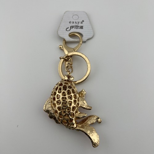 Gold Tone Pink & White Rhinestone & Enamel Goldfish Keychain/Bag Charm. - Picture 4 of 11