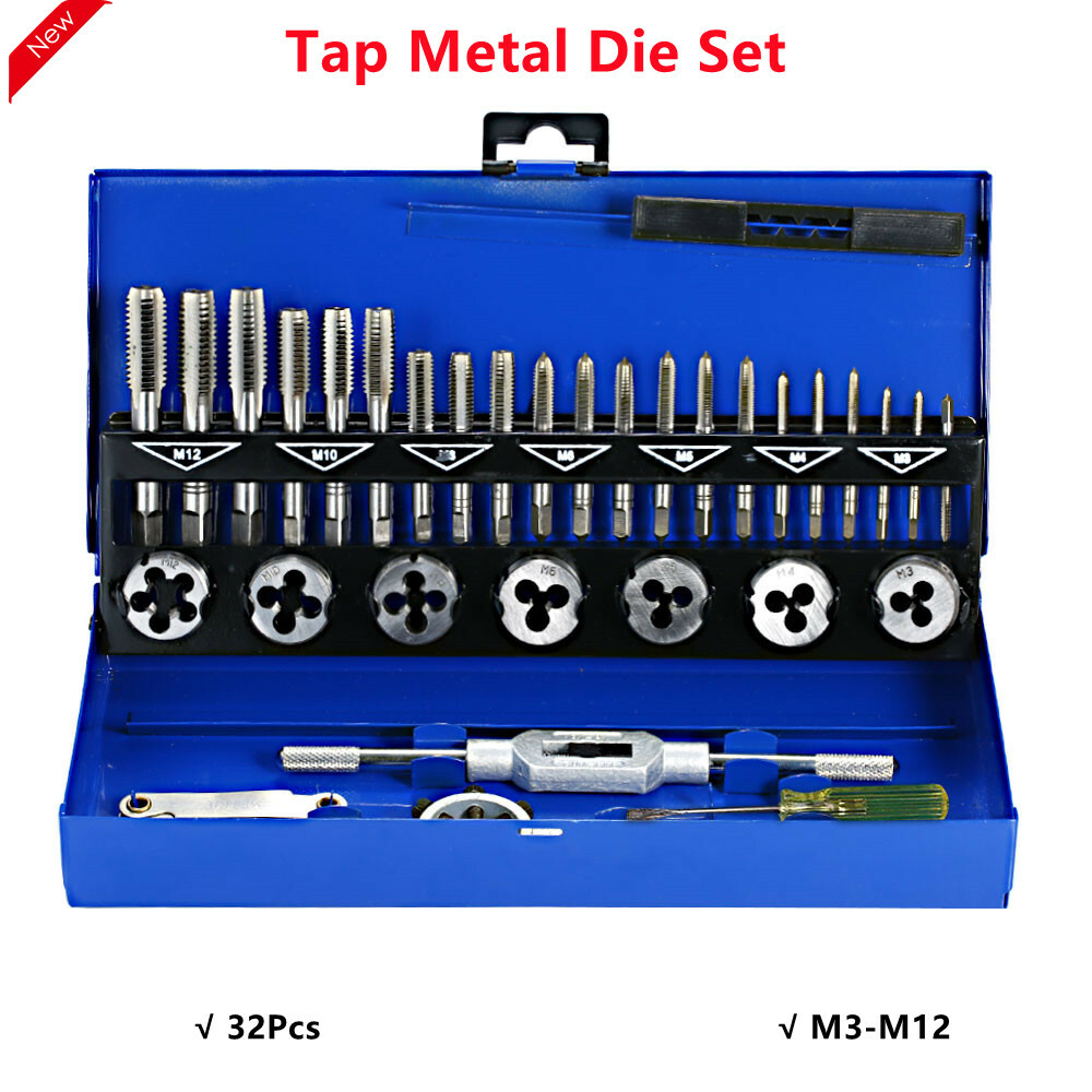 32x HSS Tap Metal Die Set thread Metric Wrench Cut M 3-M12 Hand