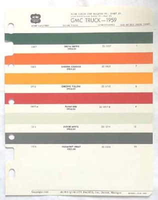1959  GMC TRUCK  ACME COLOR PAINT CHIP CHART ORIGINAL