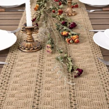 Boho Table Runner Macrame Farmhouse 60 inches Woven 12 x 60 Burlap Brown