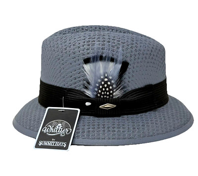 Whittier Lowrider Fedora Straw Hat Mens Grey With Grey & White Combo Feather