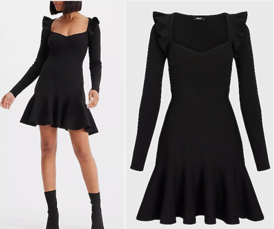 Express Black Sweetheart Neck Ruffle Fit & Flare Sweater Knit Dress Size M  | eBay