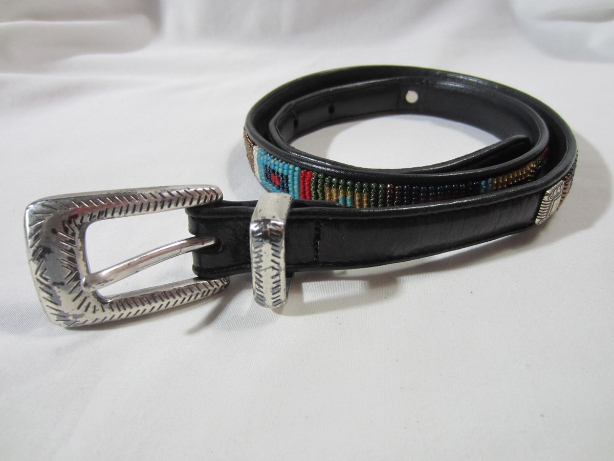 Brighton Beaded Leather Belt Size 28 Southwestern Geometric | EUC Brighton Black Leather Belt M Beaded Southwest Native Style  main image 3