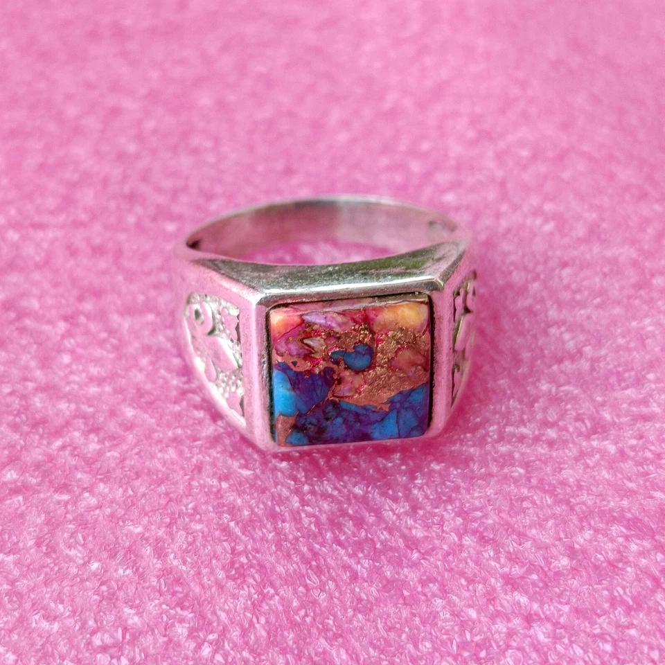 Anéis masculinos turcos feitos à mão de prata esterlina 925 com pedra preciosa turquesa espinhosa #375 - Imagem 3 de 4