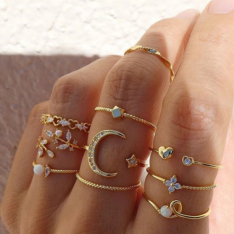 10Pcs set Moon Star Rings Women Girls Bohemian Jewellery set Gifts