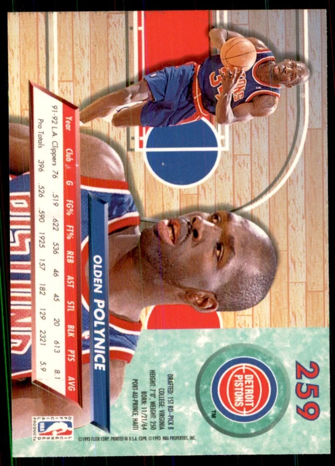 1992-93 Fleer Ultra Cards Olden Polynice Basketball Cards #259 - Image 2 of 2