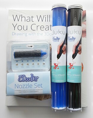 3D Doodler Accessory Lot Nozzle Set Clearly Blue and Black Refill Strands + Book