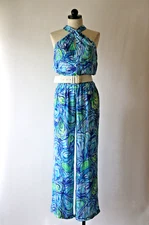 Lilly Pulitzer Blue Green Ocean Waves Jersey Wide Leg Halter Jumpsuit Women S