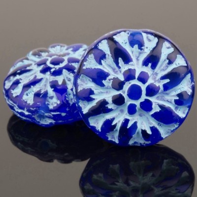 Czech Glass Dahlia Flower Beads: Cobalt Blue with Aqua Wash 12ct.