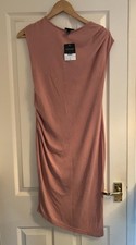 NWT £29 TOPSHOP Dusky Pink Asymmetric Hem Slinky Drape Ruched Midi Knee Dress, 8
