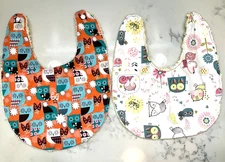 Set of 2 Handmade Baby  Bibs - Owl print-  Organic Chenille Backing