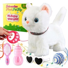 White Leash Walking Cat Set Singing That Purrs and Meows Animated Plush Robot...