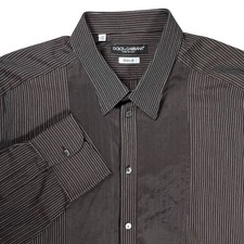 Dolce & Gabbana Gold Bib-Front Shirt Mens 17/43 (US L) Brown Stripe Tuxedo Italy