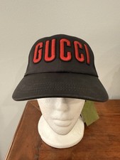 Authentic Gucci Blk Hat Baseball Cap Sz M 58 cm Adj. Red Embroidered Mesh NWT