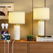 Ceramic Table Lamps Set of 2, UpDown Dual Light with USB C+A, 22"Bedroom Lamp