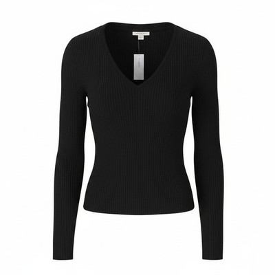 American Eagle Outfitters Damen T-Shirt L Schwarz Gerippt V-Ausschnitt Langarm