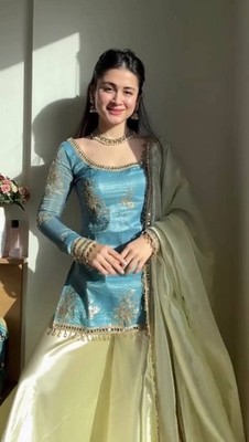 Attractive Silk Blue Top Palazzo With Dupatta For Women Festival Wear