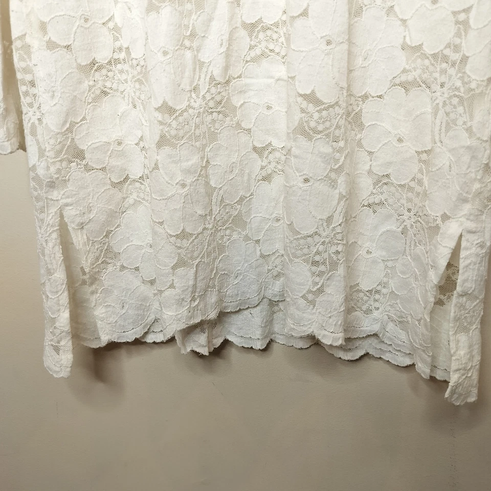 J Valdi 白色蕾丝海滩遮瑕礼服束腰外衣中号女式长袖 V 领 — 第 4/4 张图片