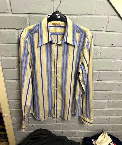 Prada, Prada Vintage Men's Striped Cotton Shirt Long Sleeve Yellow Blue Made In Italy
