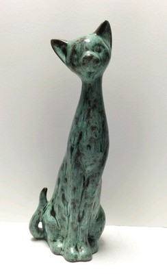 Vintage Langhals Katze Keramik grün Tropfglasur Keramik sitzende Katze 29,5 cm hoch 