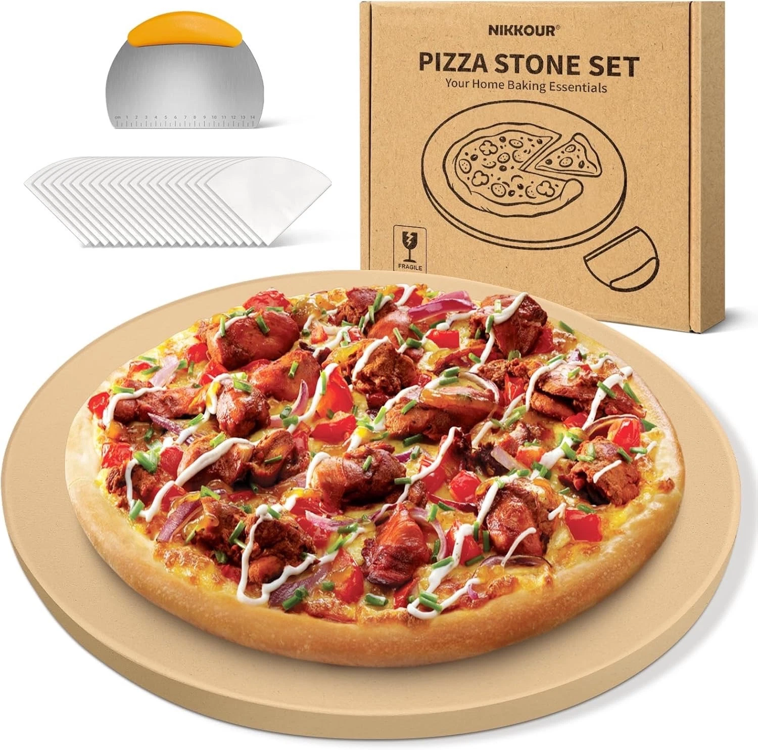 16” Round Cordierite Pizza Stone Set for Oven, Cutter, Parchment and Accessories