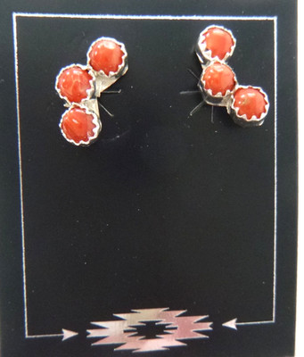 Zuni Janice Spencer Red Coral Trio Earrings  925 Sterling Silver 3/4''