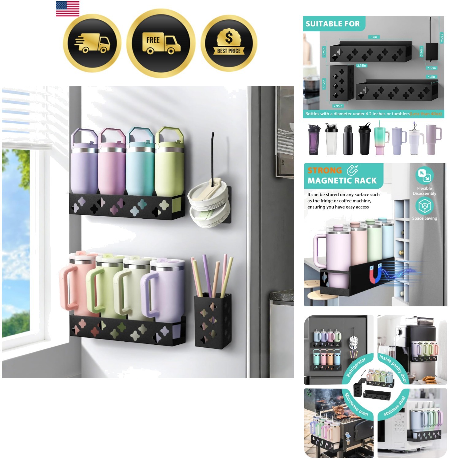 Magnetic Water Bottle Organizer for Stanley Cups 2 Pack Tumbler Storage Rack