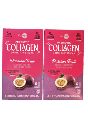 2 PurAqua Prebiotic Collagen Passion  Fruit Drink Mix Sticks 3.18 oz 5 g Protein