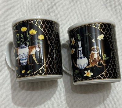 Lot Of 2 Lynn Chase Monkey Garden Mugs(Decorated W/24K Gold)