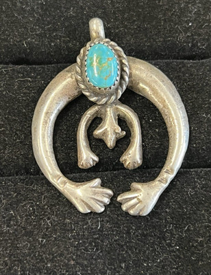 VTG Navajo Sandcast Sterling Silver Turquoise NAJA Squash Blossom Pendant 19.8g