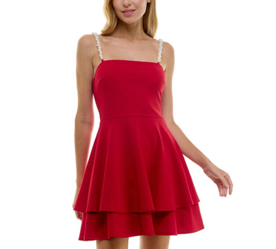 City Studios Juniors' Pearl-Strap Sleeveless Tiered Fit & Flare Dress - 11/12