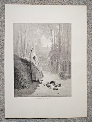 Das Milchmädchen und der Milchtopf, Gustave Dore - antiker Druck - 1868