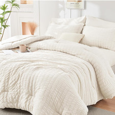 Ivory Queen Comforter Set Seersucker 7 Pieces, All Season Luxury Bed in a Bag fo