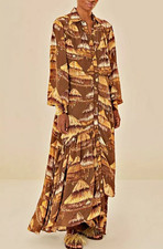 Farm Rio S Small Malocas Beige Brown Long Sleeve Midi Dress Print Collared $315