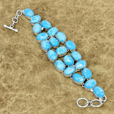 Natural Larimar Gemstone Bracelet 925 Sterling Silver Oval Handmade Jewelry Gift