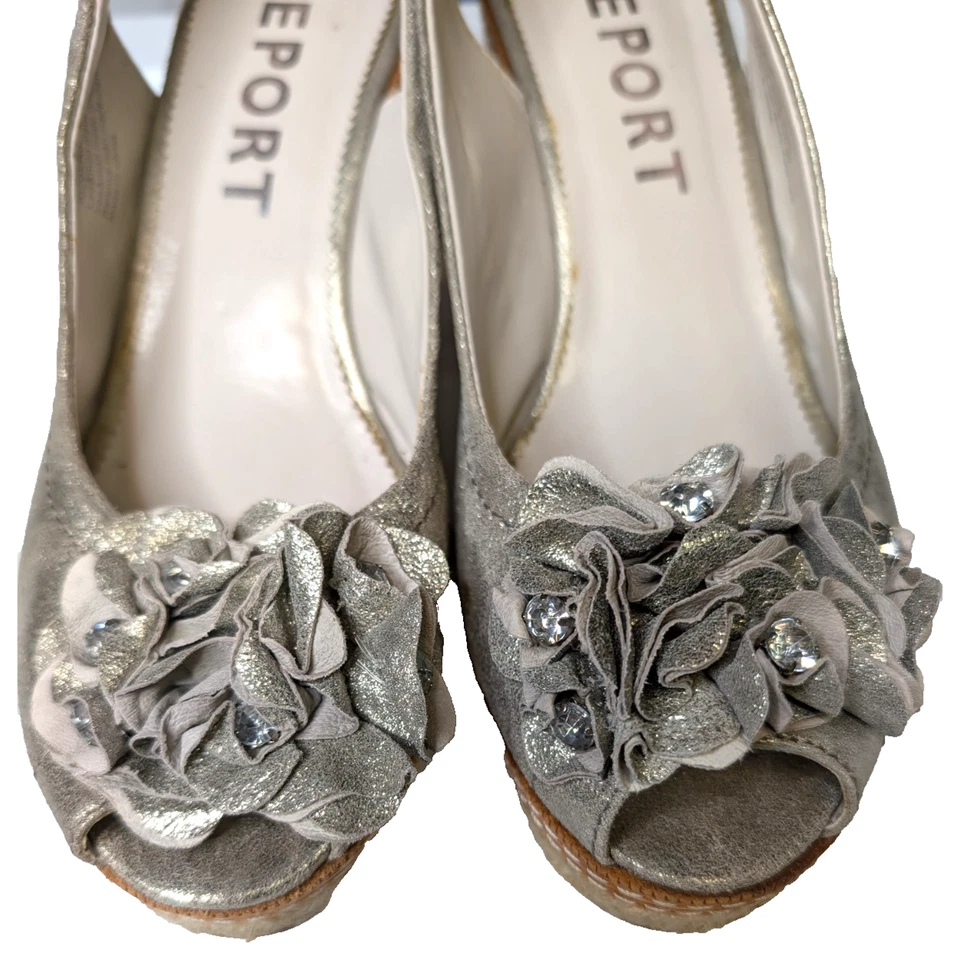 Sandalia De Colección Y2K Cuña Hada Ángel Plateada Cuero Flor Cristal Eslinga 8.5 Foto 4 de 4