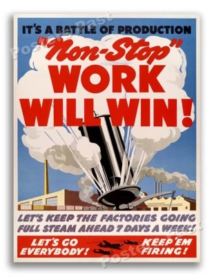 1942 “Non-Stop Work Will Win!” Vintage Style WW2 Poster - 18x24