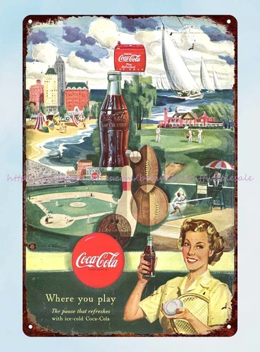 all decor Vintage Sports Coke Ad Tennis Bowling Football Baseball metal tin sign