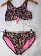 Wonder Nation Girls XXL 18 Black Floral 2-Piece Cinched Front Bikini Swimsuit