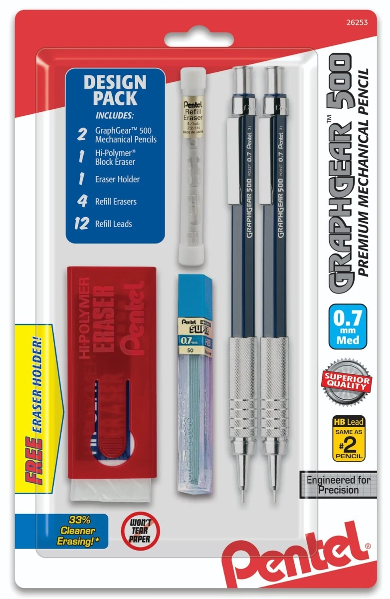 Pentel Graphgear 500 Automatic Drafting Pencil 0.7mm BLUE Barrel 2-Pk With  Lead