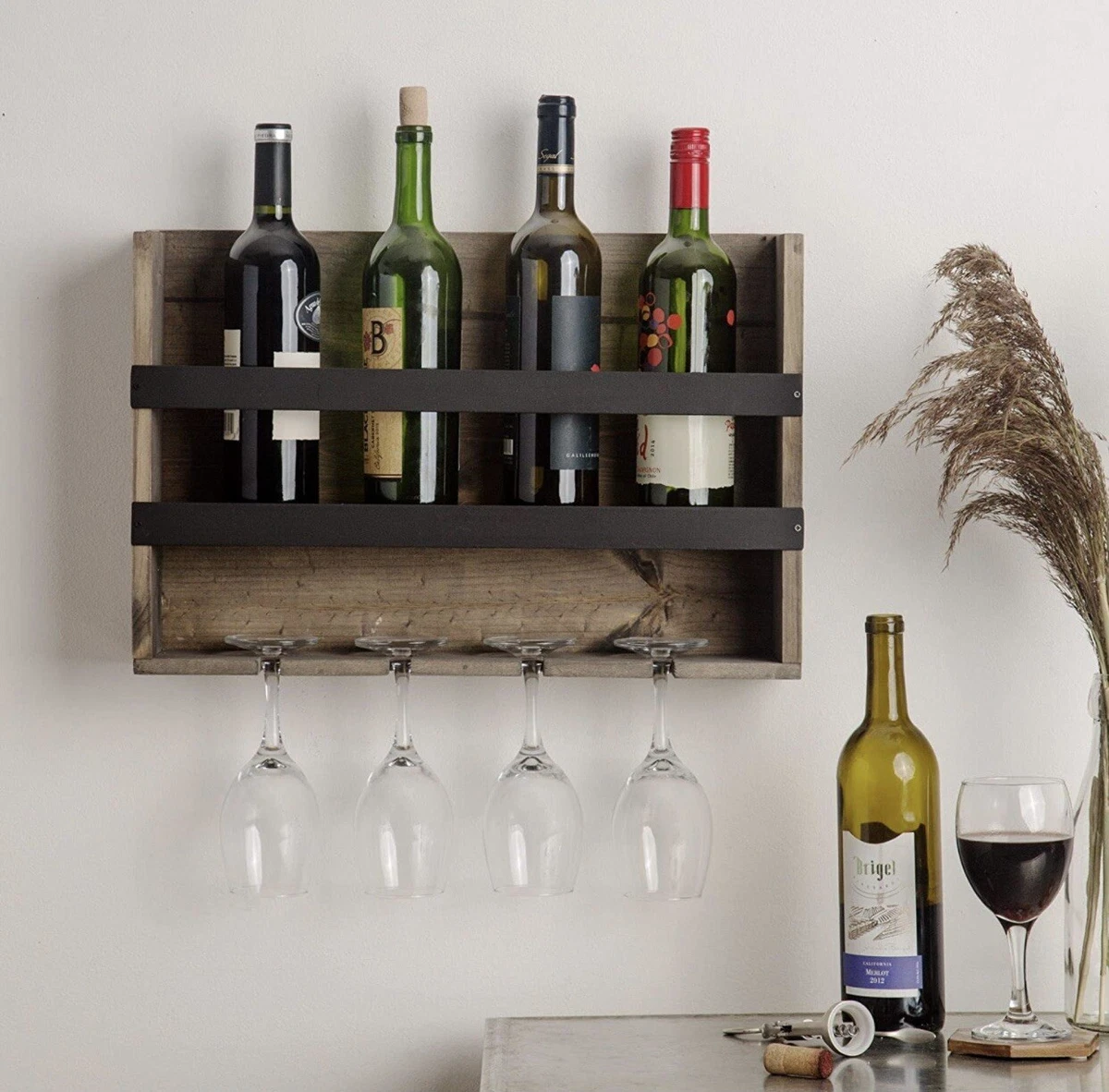 The Rustic Home Distressed Wooden Wall Wine Rack Stemware Glass