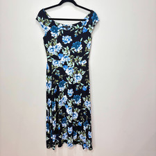 Banana Republic Black Blue Floral Dress S Tall Knit Jersey Boat Neck Whimsigoth