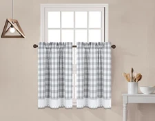 2 Piece Buffalo Check Plaid Gingham Crochet Trim Window Curtain Tier Panel Set